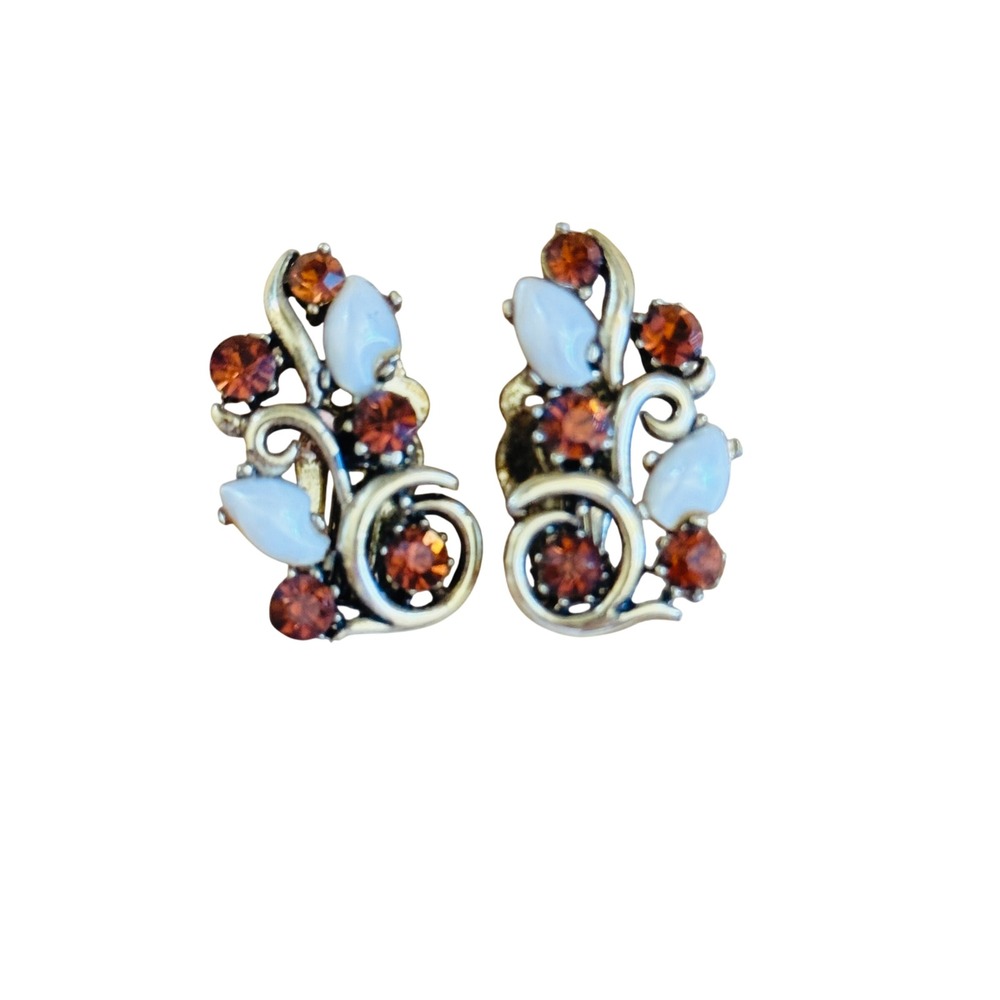 VTG Lisner Signed Earrings Crystal Amber Rhinestone Clip Gold Floral Sparkly 50s